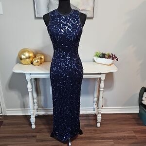 💎 Michelangelo Vintage 100% Silk Beaded Sequin Gown Navy Blue M
